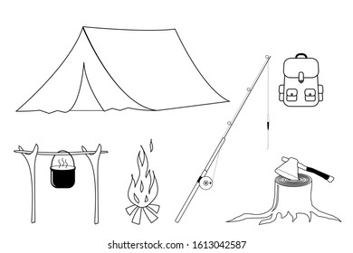 Camping icons. Minimalistic camping drawings. Camping vector.