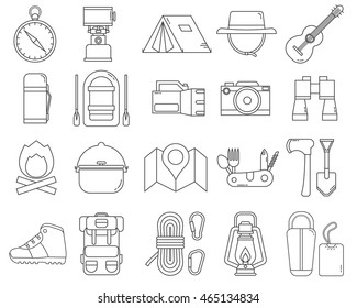 Camping Icons Monoline Collection. Hike Outdoor Thin Line Elements. Hiking Gear And Essentials Lineart Collection. Vector Linear Camp Equipment Isolated On White. Hiking And Camping Icon Set.