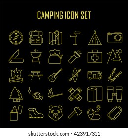 Camping icons. Outdoor equipment.  Plaster, axe, hiking boots, map, compass and other things for camping. Line art vector illustration.