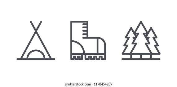 Camping icons, outdoor recreation activity and hiking outline symbols, linear pictograms vector Illustration