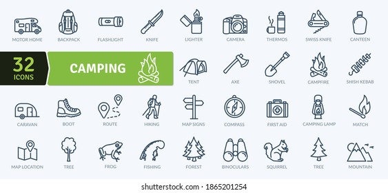 Camping Icons Pack. Thin line icons set. Flat icon collection set. Simple vector icons