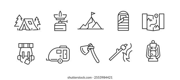 Camping icons. Set of 10 trendy minimal camping icons including Fire, Tent, Axe, Lantern, Backpack icon. Design signs for web page, mobile app, packaging design. Vector illustration.