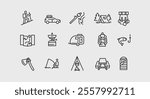 Camping icons. Set of 15 trendy minimal camping icons including Fire, Tent, Axe, Lantern, Backpack icon. Design signs for web page, mobile app, packaging design. Vector illustration.