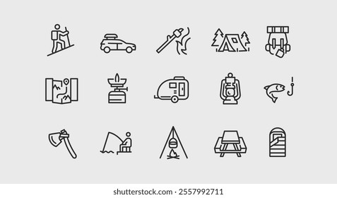 Camping icons. Set of 15 trendy minimal camping icons including Fire, Tent, Axe, Lantern, Backpack icon. Design signs for web page, mobile app, packaging design. Vector illustration.