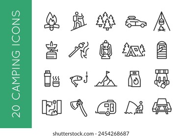 Camping icons. Set of 20 trendy minimal camping icons including Fire, Tent, Axe, Lantern, Backpack icon. Design signs for web page, mobile app, packaging design. Vector illustration.