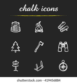 Camping icons set. Backpack, campfire, firewood, fir tree, axe, binoculars, wooden way direction, pocket knife, compass illustrations. Isolated vector chalkboard drawings