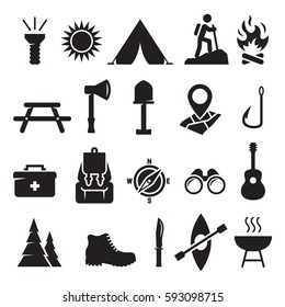 Camping icons set. Black on a white background