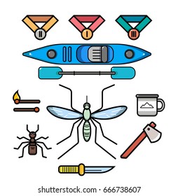 Camping icons set in bright colours. Vector illustration.