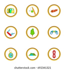 Camping icons set. Cartoon set of 9 camping vector icons for web isolated on white background