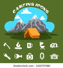 Camping Icons Set Cartoon Style. Composition with Tent in Front of the Mountains and Vector Text.