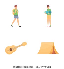 Camping icons set cartoon vector. People with camping equipment. Active lifestyle, hobby