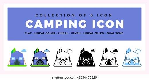 Conjunto de iconos de camping. Colección de color lineal plano. Lineal. Glifo. Iconos de tienda llenos lineales y de doble tono