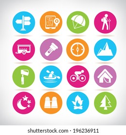 camping icons set, colorful buttons set