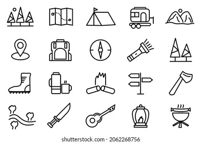Juego de iconos de acampada. contienen carpa, cuchillo, brújula, montaña, bosque, mapa y más. ilustración vectorial. sobre fondo blanco