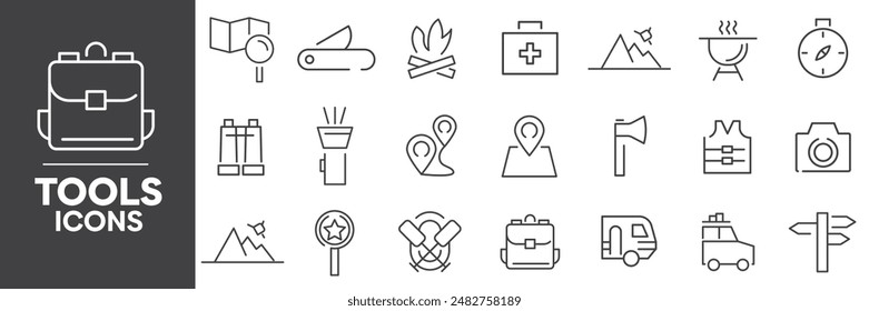 Camping Icons Set, Containing All Camping Signs Icons Outlines, Vector Illustration Collection Editable eps10