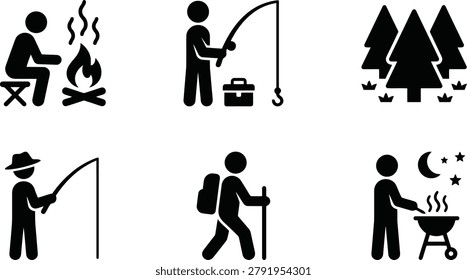 Camping icons set featuring black silhouettes of people hiking fishing grilling and sitting by a campfire in the woods