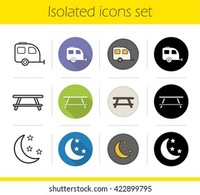 Camping icons set. Flat design, linear, black and color styles. Trailer parking, wooden table and night symbols. Isolated vector illustrations