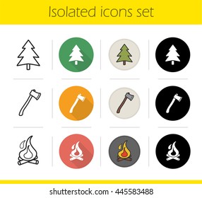 Camping icons set. Flat design, linear, black and color styles. Fir tree, axe, burning campfire with firewood. Isolated vector illustrations