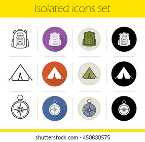 Camping icons set. Flat design, linear, black and color styles. Tourist's backpack, tent and compass. Camper's and tourist items. Isolated vector illustrations