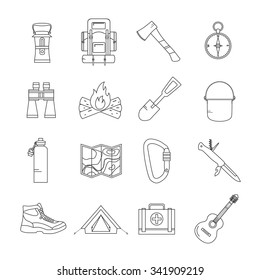 Camping icons set in flat line style.