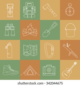 Camping icons set in flat line style.