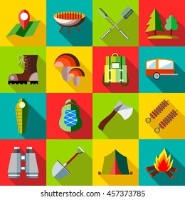 Camping icons set in flat style. Recreation tourism set collection vector illustration