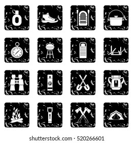 Camping icons set. Grunge illustration of 16 camping vector icons for web