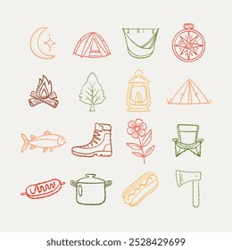 Camping icons set. Hand-drawn style illustrations of camping essentials. Perfect for outdoor-themed designs and digital projects.