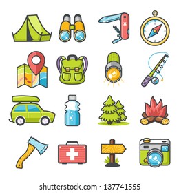 Camping icons set. Happy series