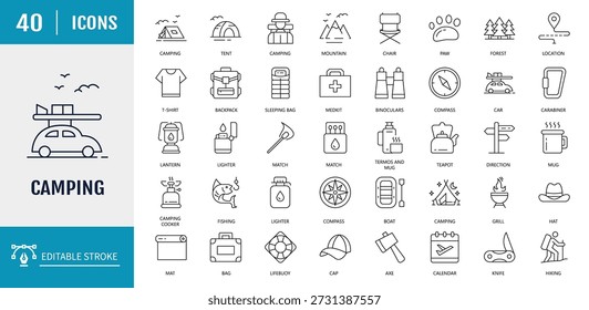 Camping Icons set. Includes Camping, Hiking, Compass, Mountain, Fishing, Climbing, Kayak, Map, Flashlight, Tent, Camp, and more. Vector illustration with editable strokes