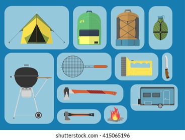 Camping icons set. Camping kit of hike outdoor elements. Camping gear collection. Barbecue, lantern, tent, flask, trailer, axe. Camping equipment. Camping vector set isolated.