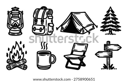 Camping icons set with lantern backpack tent and tree