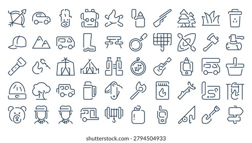 Camping icons set in line design. Including Arrow and bow, Volkswagen Beetle, Log, Backpack, Bonfire, Lighter Zippo, Rifle and more. Outline vector icons collection.