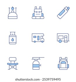 Ícones de acampamento definidos. Linha Duotone estilo, traço editável. gás de acampamento, camper van, cadeira dobrável, mais leve, mochila, acampamento, caravana, gás, fogão a gás.