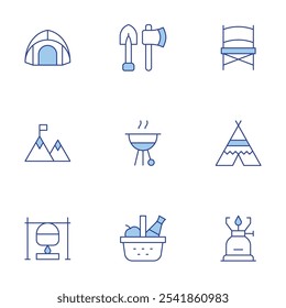 Camping icons set. Line Duotone style, editable stroke. tent, hiking, picnic basket, tools, camping tent, pot on fire, camping gas, camping chair, barbecue.