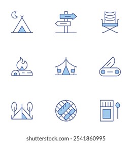 Camping icons set. Line Duotone style, editable stroke. matches, swiss knife, barbecue, directional sign, camping tent, camping chair, tent, firewood.