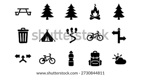 Camping icons set on white background, featuring outdoor activities and symbols for hiking and adventure