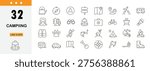 Camping icons set representing tent, fire, nature, outdoor activity, hiking, travel, adventure and exploration concepts. Editable Stroke.