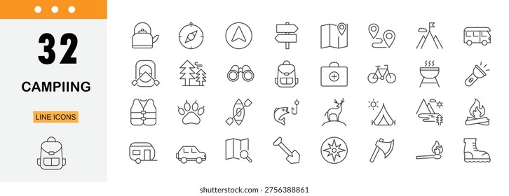 Camping icons set representing tent, fire, nature, outdoor activity, hiking, travel, adventure and exploration concepts. Editable Stroke.
