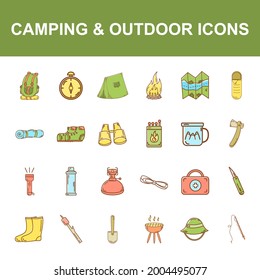 Camping icons set, summer camp adventure with camping equipment, hiking, trekking in nature. Vector illustration.
