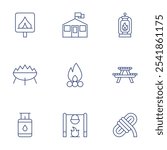 Camping icons set. Thin Line style, editable stroke. oil lamp, picnic, rope, barracks, bonfire, campfire, camping zone, fire, gas stove.