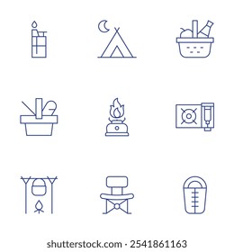 Camping icons set. Thin Line style, editable stroke. picnic basket, portable, sleeping bag, camping tent, cooking stove, folding chair, lighter, pot on fire.