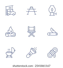 Camping icons set. Thin Line style, editable stroke. oil lamp, pocket knife, rope, camping table, chair, flashlight, car, firewood, grill.