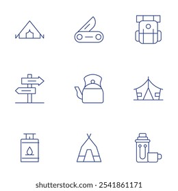 Camping icons set. Thin Line style, editable stroke. camping, swiss knife, tent, camping tent, directional sign, gas, kettle.