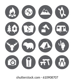 Camping icons set, trekking sign. 