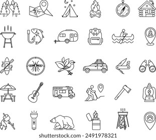 Camping Icons Set. Vector Icons Camp, Forest, Barbecue, Kayak, Road Travel, Caravan, Bonfire, Binoculars, Axe, Bear, Map and Other