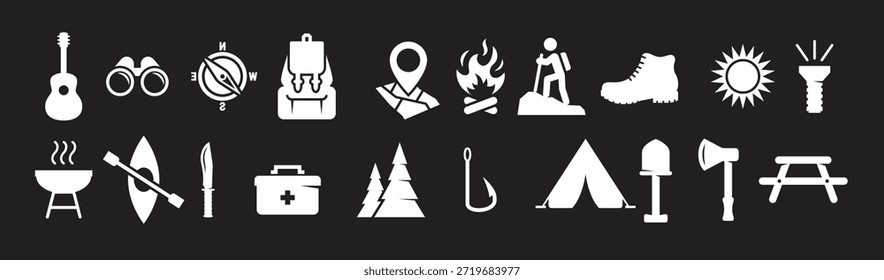 Conjunto de iconos de camping blanco sobre un fondo negro