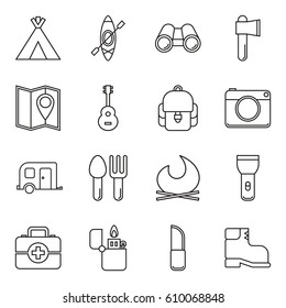 Camping icons In Simple Line Style Isolated On White Background. Created For Mobile, Web, Decor, Print Products, Application