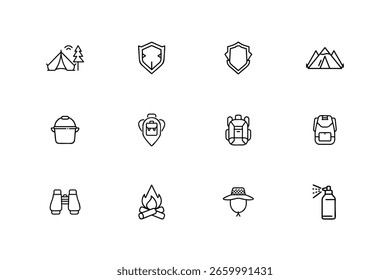 Camping icons tent shield backpack binoculars campfire hat spray vector