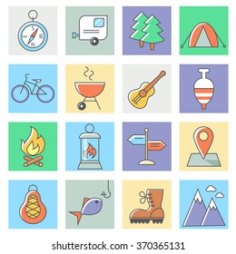 Camping icons, thin line flat design